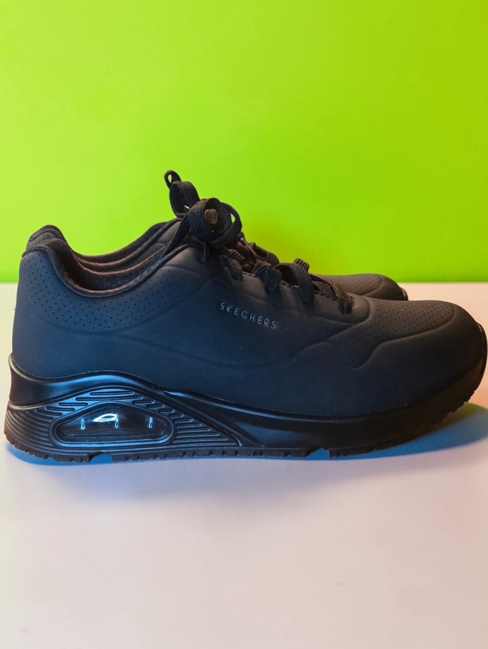 Skechers Uno SR Stand On Air All Black Memory Foam Work Shoes. Slip Resistant. 8